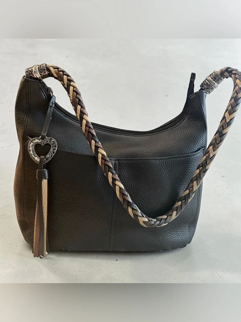Brighton Black Pebbled Leather Hobo bag with braided leather straps 13.5x9